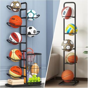 7-Ball Sports Equipment Storage Rack & Adjustable 5-Tier Vertical Ball Organizer – Complete Sports Gear Storage Solution for Basketballs, Soccer Balls, Volleyballs, and More Ideal for Garage or Indoor