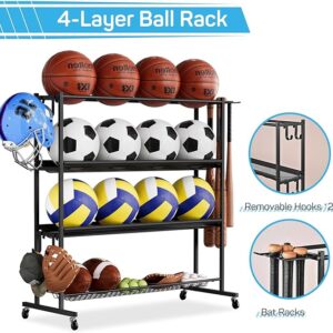 Mythinglogic Basketball Rack, Ball Storage with Baseball Bat Holder, Rolling Ball rack with Removable Nylon Mesh for Various Ball Sizes, Basketball Holder for Football Basketball Soccer Ball