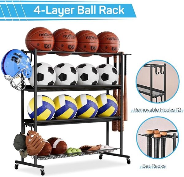 Mythinglogic Basketball Rack, Ball Storage with Baseball Bat Holder, Rolling Ball rack with Removable Nylon Mesh for Various Ball Sizes, Basketball Holder for Football Basketball Soccer Ball